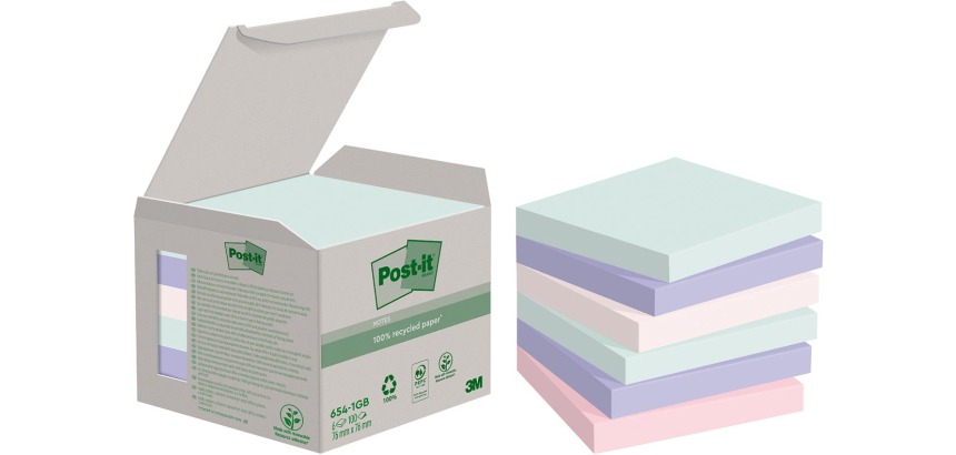 Post-it recycled notes Nature, 100 feuilles, ft76 x 76 mm, paquet de 6 blocs, couleurs assorties