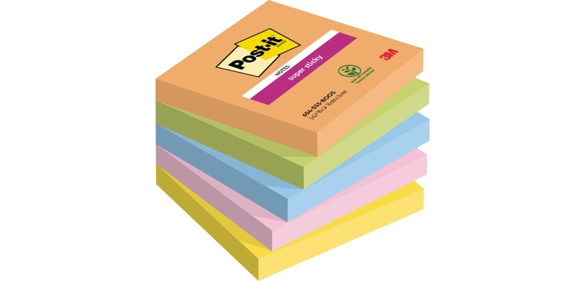 Post-it Super Sticky Notes Boost, 90 Blatt, Größe 76 x 76 mm, verschiedene Farben, Packung mit 5 Blöcken
