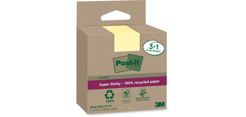 Memoblok 3M Post-it 654 RSSCOL 76x76mm geel 3+1 gratis