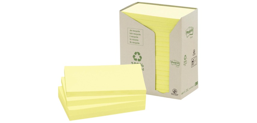 Post-it Recycling-Haftnotizen, 100 Blatt, Format 76 x 127 mm, gelb, Packung mit 16 Blöcken