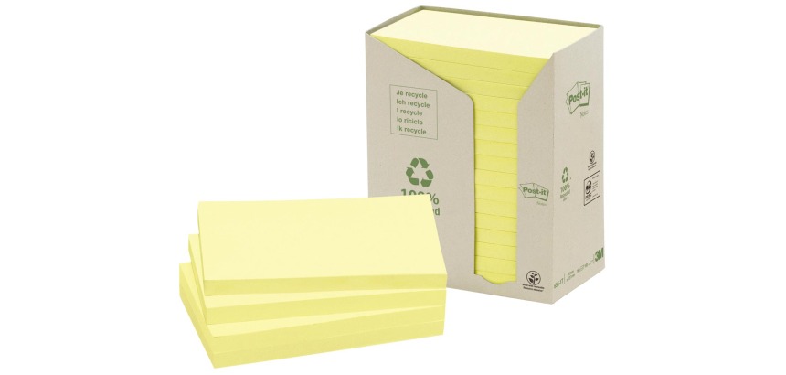 Post-it Recycled notes, 100 vel, ft 76 x 127 mm, geel, pak van 16 blokken
