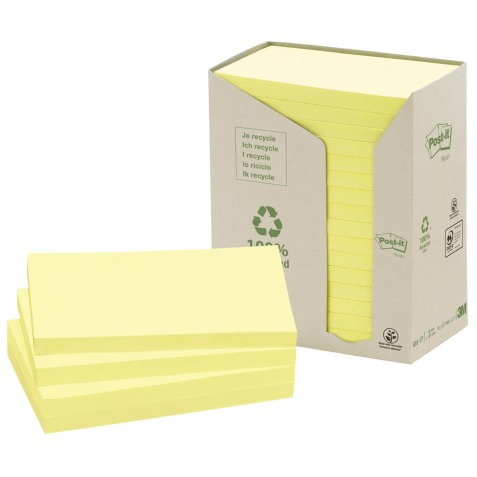 Post-it Recycled notes, 100 feuilles, ft 76 x 127 mm, jaune, paquet de 16 blocs