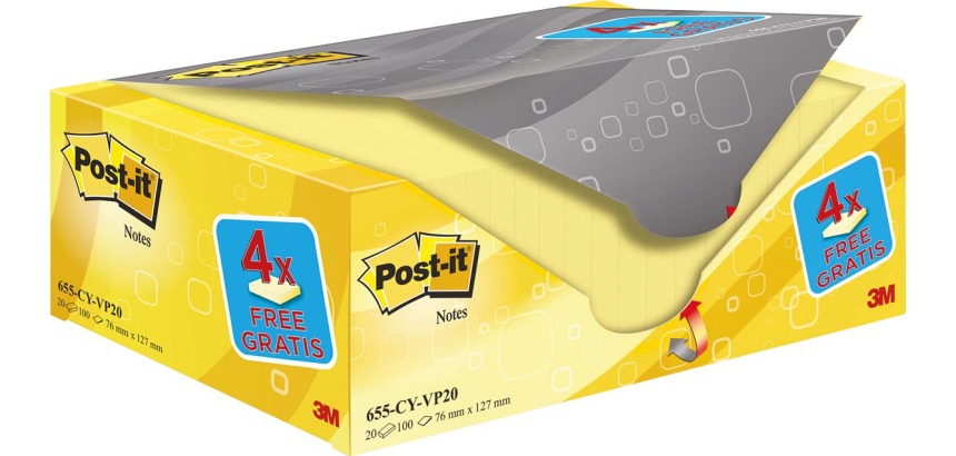 Post-it notes, 100 sheets, size 76 x 127 mm, yellow, pack of 16 pads + 4 free