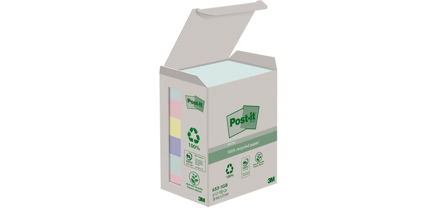 Post-it recycled notes Nature, 100 vel, ft 38 x 51 mm, pak van 6 blokken, geassorteerde kleuren