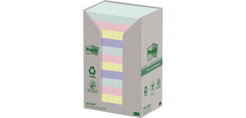 Post-it recycled notes Nature, 100 feuilles, ft 38 x 51 mm, paquet de 24 blocs, couleurs assorties