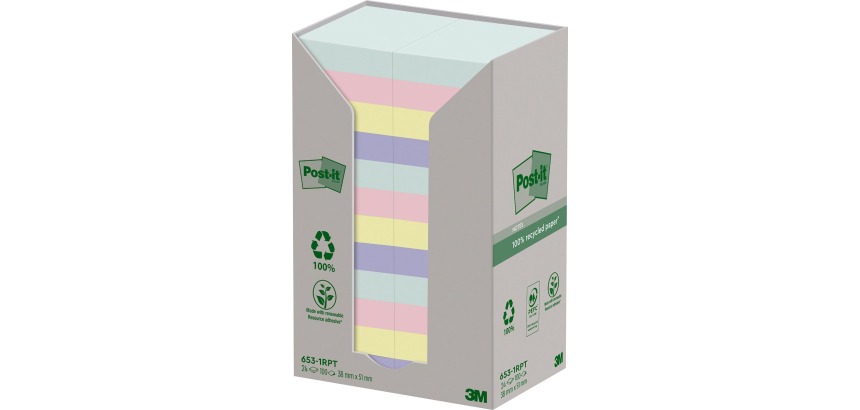 Post-it recycled notes Nature, 100 vel, ft 38 x 51 mm, pak van 24 blokken, geassorteerde kleuren