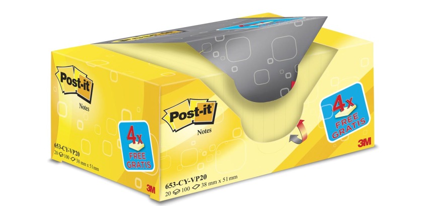 Pack 18 notes repositionnables jaunes Post-it 38 x 51 mm - bloc de 100 feuilles + 6 offertes