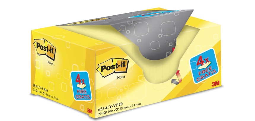 Pack 18 notes repositionnables jaunes Post-it 38 x 51 mm - bloc de 100 feuilles + 6 offertes