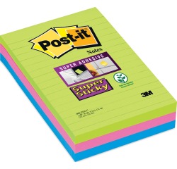 Bloc-mémos Post-it 660 Super Sticky 102x152mm ligné rainbow 3 pièces
