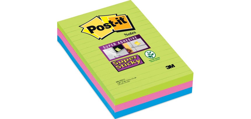 Post-it Super Sticky Notes 660, 102x152mm, liniert, Regenbogen, 3 Stück