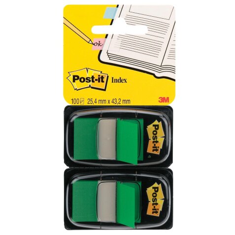 Post-it Index standard, ft 25,4 x 43,2 mm, dévidoir avec 2 x 50 cavaliers, vert