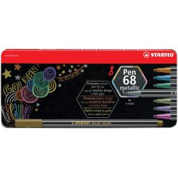 STABILO Pen 68 metallic viltstift, 8 kleuren, metalen doos van 8 stuks