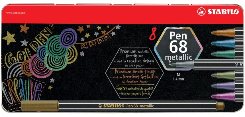 STABILO Pen 68 metallic feutre, 8 couleurs, boîte métallique de 8 pièces