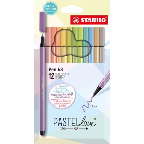 STABILO Pen 68 feutre, pastel, étui de 12 pièces, assorti