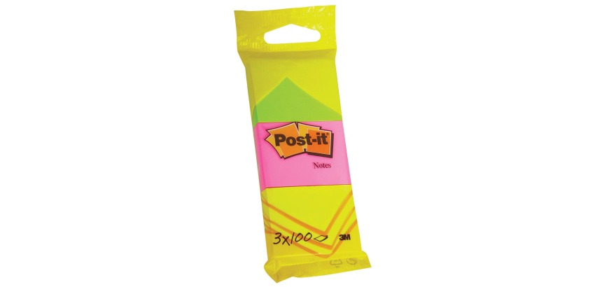 Post-it Notes, 100 vel, ft 38 x 51 mm, blister van 3 blokken in neongeel, guava roze en neongroen