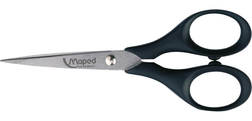Maped Schere Precise, 13 cm, rechts und links, spitze Enden, Edelstahl, schwarz, Blisterpackung mit 1 Stück