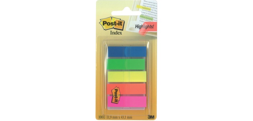 Post-it Index halbtransparent, Format 11,9 x 43,2 mm, Spender mit 20 Reitern in 5 verschiedenen Farben