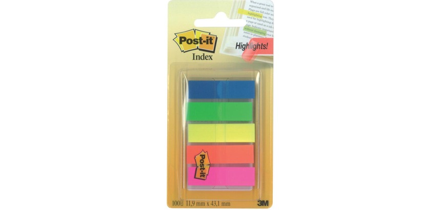 Post-it Index halbtransparent, Format 11,9 x 43,2 mm, Spender mit 20 Reitern in 5 verschiedenen Farben