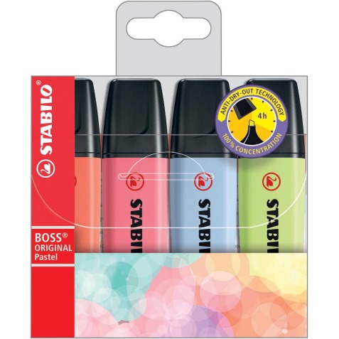 STABILO BOSS ORIGINAL Pastel markeerstift, etui van 4 stuks in geassorteerde kleuren