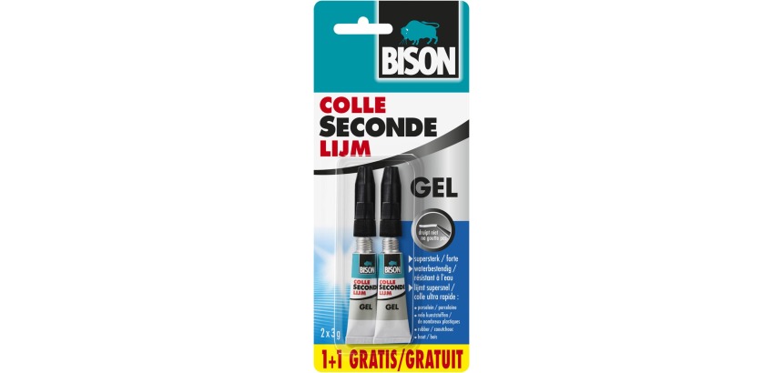 Bison secondelijm, tube van 3 g, blister van 2 stuks (1 + 1 GRATIS)