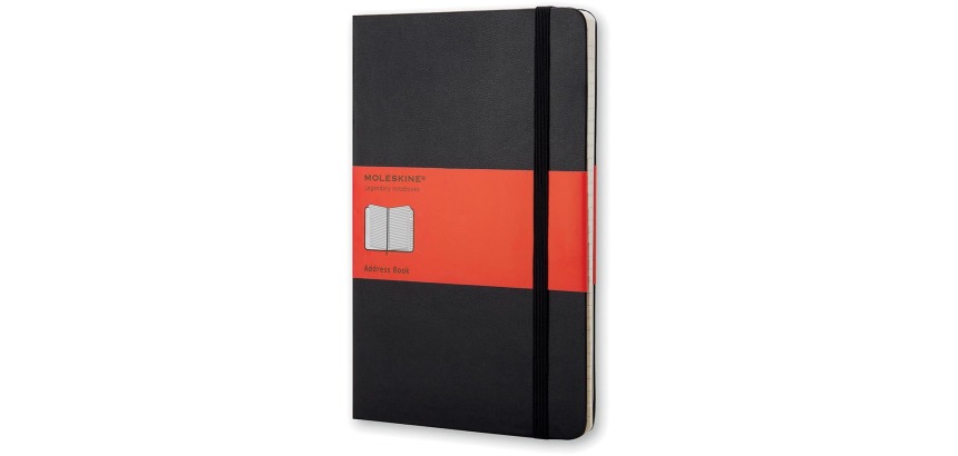Moleskine address book, size 13 x 21 cm, ruled, hard cover, 240 pages, black