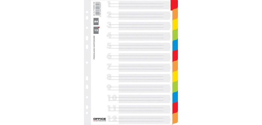 OFFICE products tabbladen, A4, karton, 11-gaatsperforatie, geassorteerde kleuren, 12 tabs