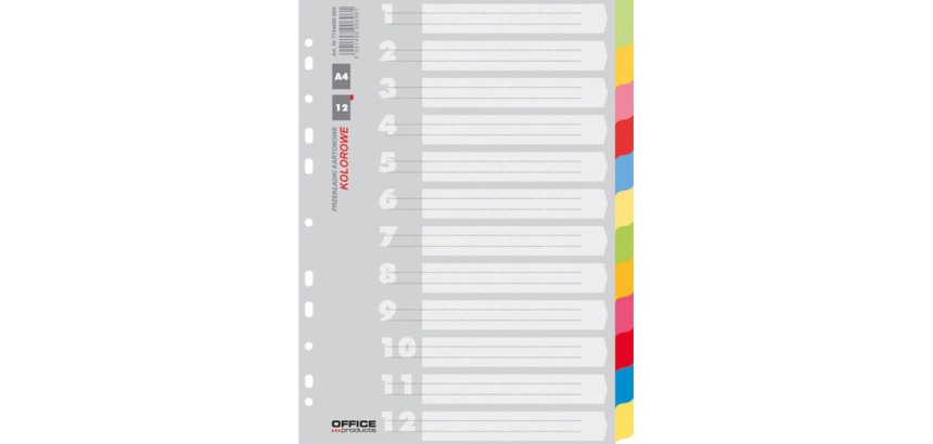 OFFICE dividers, A4, cardboard, 11 holes, assorted colors, 12 tabs