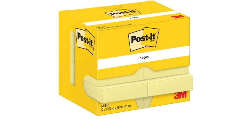 Post-It Notes, 100 sheets, 38 x 51 mm, yellow, pack of 12 pads