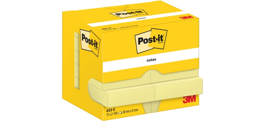 Post-It Notes, 100 sheets, 38 x 51 mm, yellow, pack of 12 pads