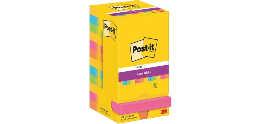 Post-It Super Sticky Notes Carnival, 90 sheets, 76 x 76 mm, pack of 12 pads