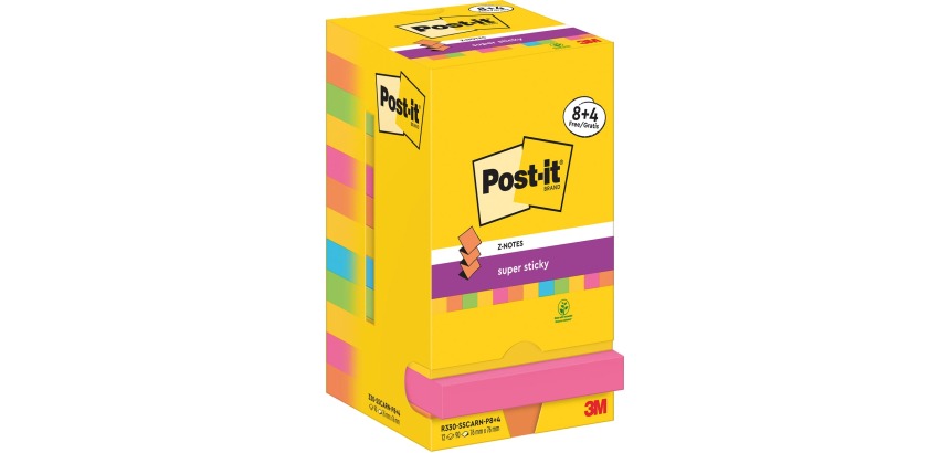 Post-It Super Sticky Z-Notes Carnival, 90 feuilles, ft 76 x 76 mm, 8 + 4 GRATUIT