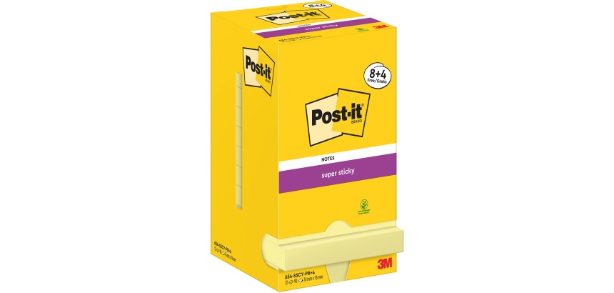 Post-It Super Sticky Notes, 90 feuilles, ft 76 x 76 mm, jaune, 8 + 4 GRATUIT