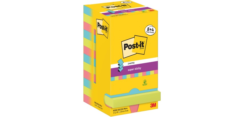 Post-It Super Sticky Z-Notes Cosmic, 90 feuilles, ft 76 x 76 mm, 8 + 4 GRATUIT
