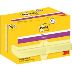Post-It Super Sticky Notes, 90 vel, ft 47,6 x 47,6 mm, geel, 8 + 4 GRATIS