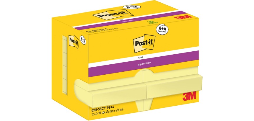 Post-It Super Sticky Notes, 90 Blatt, Größe 47,6 x 47,6 mm, gelb, 8 + 4 GRATIS