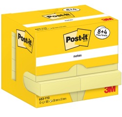 Post-It Notes, 100 feuilles, ft 38 x 51 mm, jaune, 8 + 4 GRATUIT