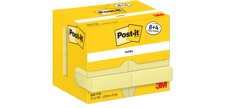 Post-It Notes, 100 sheets, size 38 x 51 mm, yellow, 8 + 4 FREE