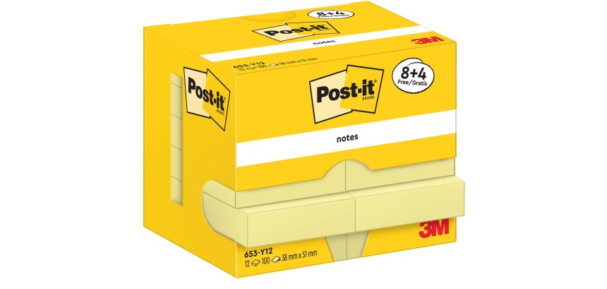 Post-It Notes, 100 vel, ft 38 x 51 mm, geel, 8 + 4 GRATIS