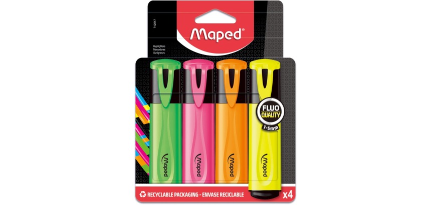 Maped Textmarker Fluo'Peps Classic Etui mit 4 Stück: Gelb, Orange, Pink und Grün