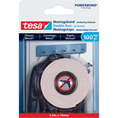 Tesa Powerbond montagetape Tegels en Metaal, 19 mm x 1,5 m