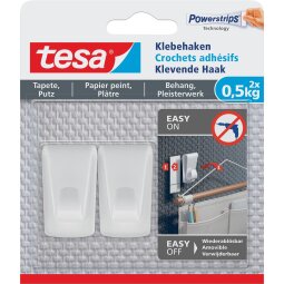 Tesa Crochet adhésif, supporte 0,5 kg, papier peint et plâtre, blanc, 2 crochets et 3 languettes