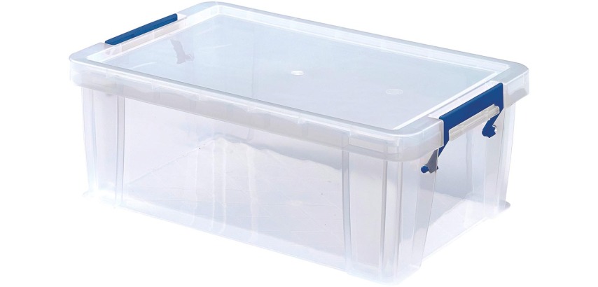 Bankers Box Aufbewahrungsbox 10 Liter, transparent mit blauen Griffen, Set aus 4 Stück im Karton verpackt.