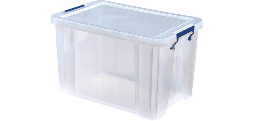 Bankers Box boîte de rangement 26 litres, transparent avec poignées bleues, emballée individ. en carton