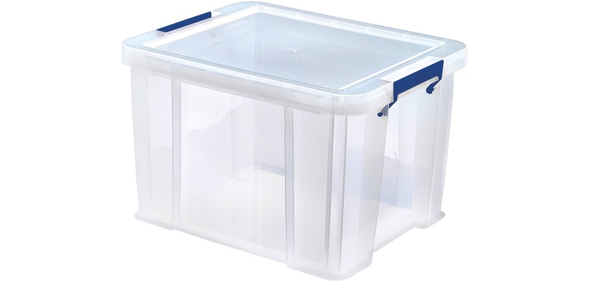 Bankers Box boîte de rangement 36 litres, transparent avec poignées bleues, emballée individ. en carton