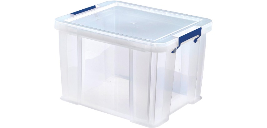 Bankers Box boîte de rangement 36 litres, transparent avec poignées bleues, set de 3 pcs emb en carton