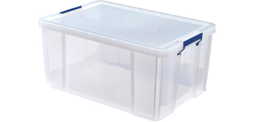 Bankers Box storage box 70 liters, transparent with blue handles, individually packed in cardboard