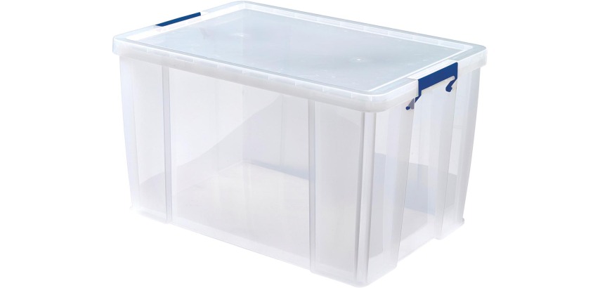 Bankers Box Aufbewahrungsbox 85 Liter, transparent mit blauen Griffen, einzeln in Karton verpackt