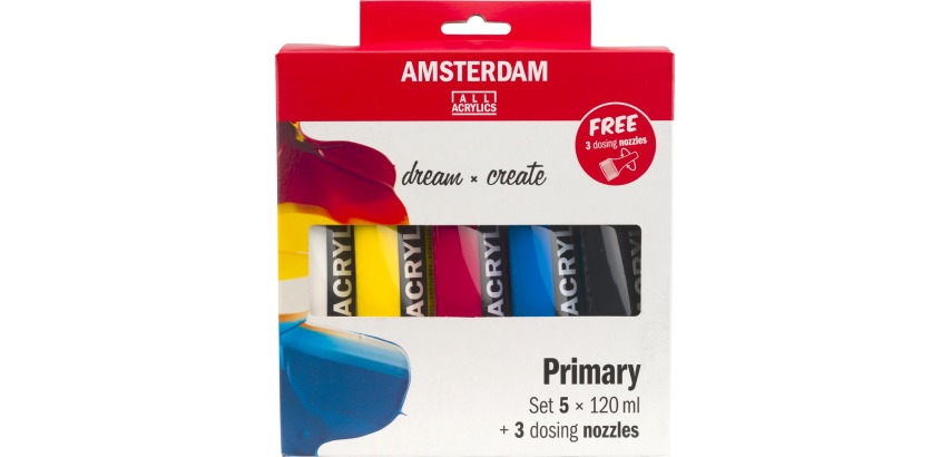 Amsterdam primary acrylic paint 120 ml, 5 tubes + 3 pouring spouts