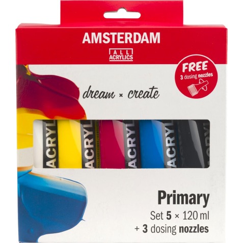 Amsterdam acrylverf primair 120 ml, 5 tubes + 3 tuiten