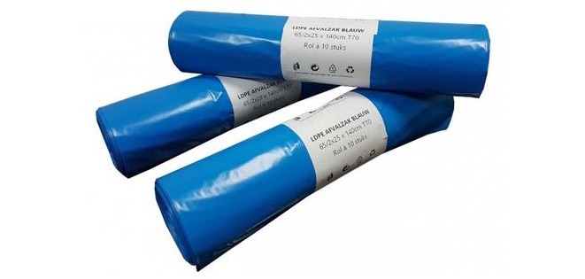 Sac à ordures, ft 65/25 x 140 cm, bleu, LDPE, 10 x rouleau de 10 pièces